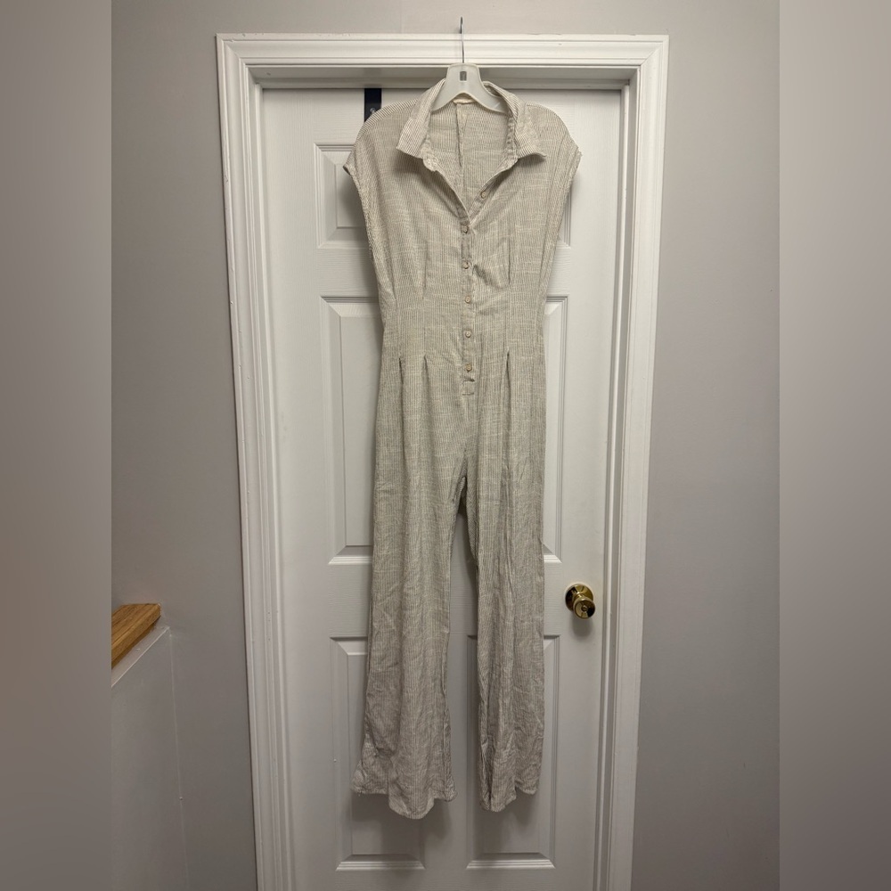 Illa Illa Women’s Linen Striped Button Up Jumpsuit Size L